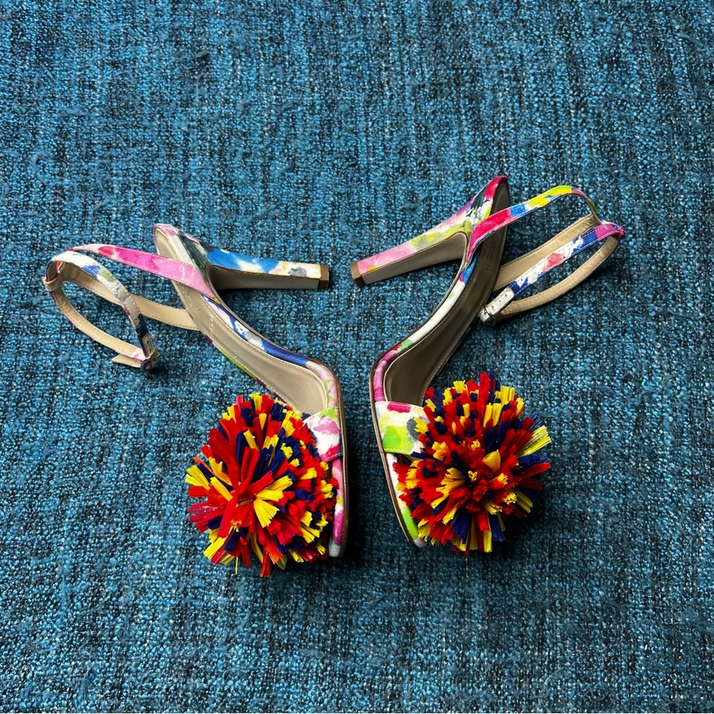 J.Crew Collection Raffia Bow Strappy Coloful Heels Made in Italy Women's 6.5 Pom - Picture 4 of 11